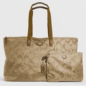 COACH WEEKENDER TOTE 2 PC TRAVEL PACKABLE NYLON XL GETAWAY SHOULDER BAG KHAKI